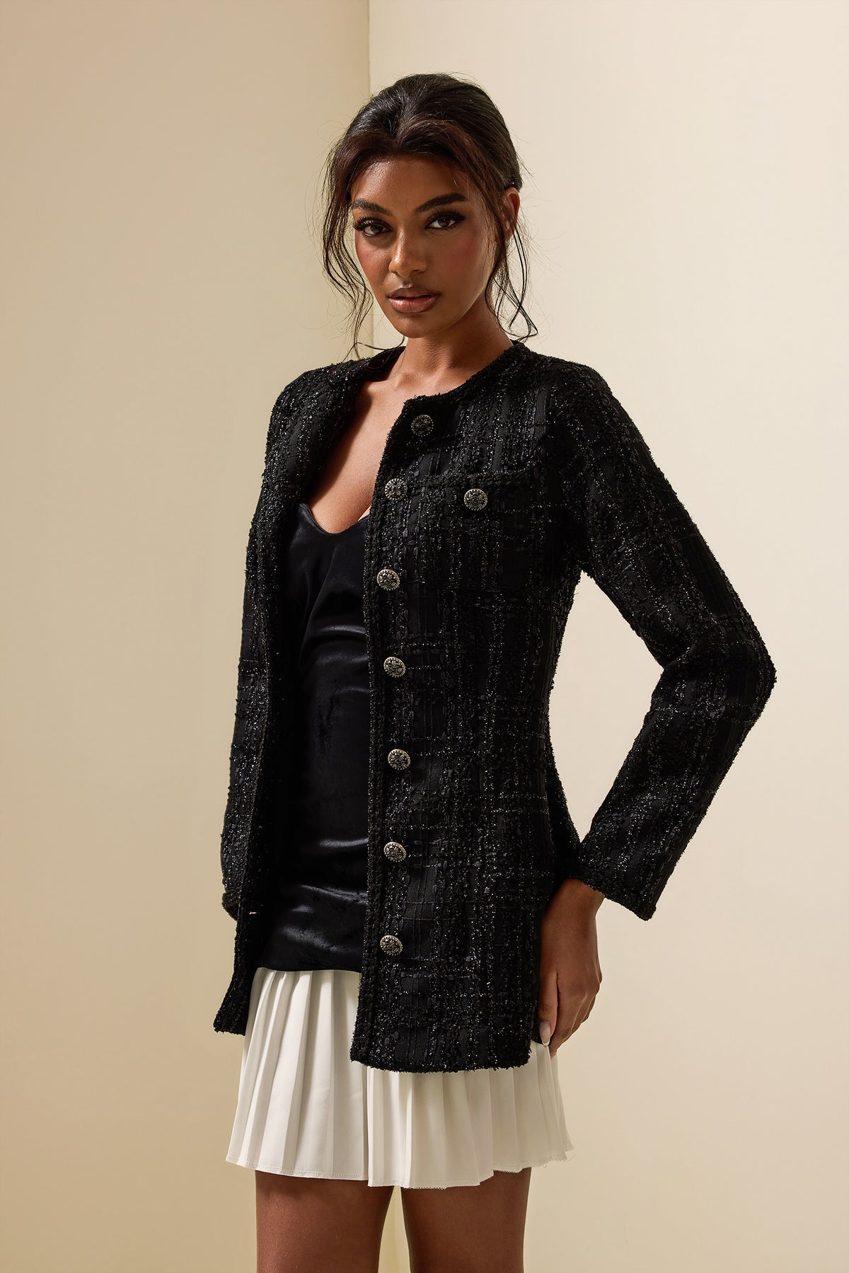 Solid Bottom Long Sleeve Tweed Jacket