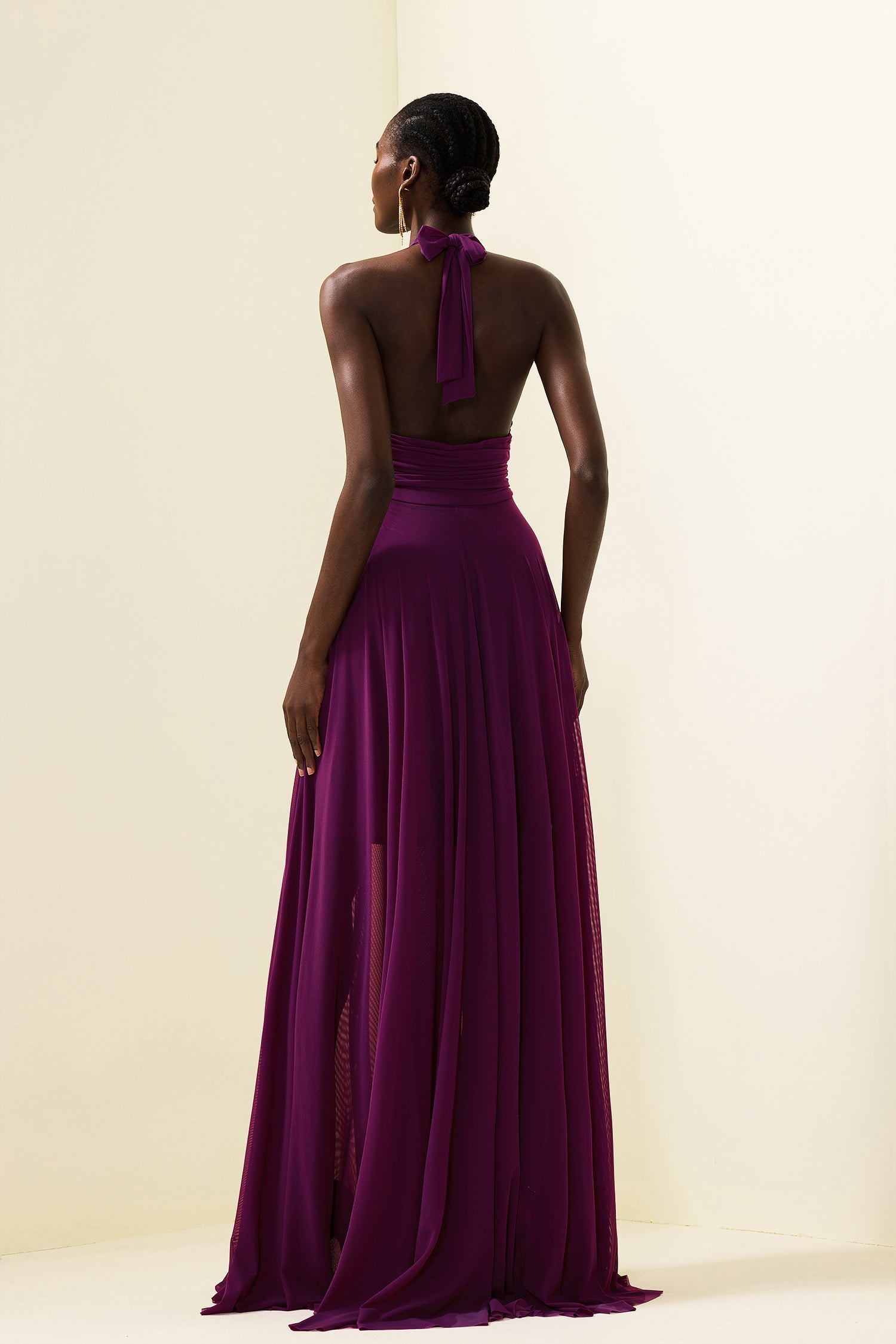 Solid Halter Neck Ruched Maxi Dress