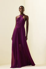 Solid Halter Neck Ruched Maxi Dress