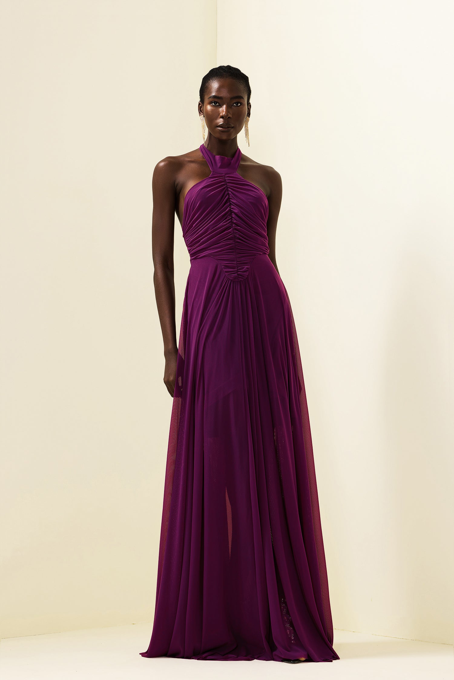 Solid Halter Neck Ruched Maxi Dress