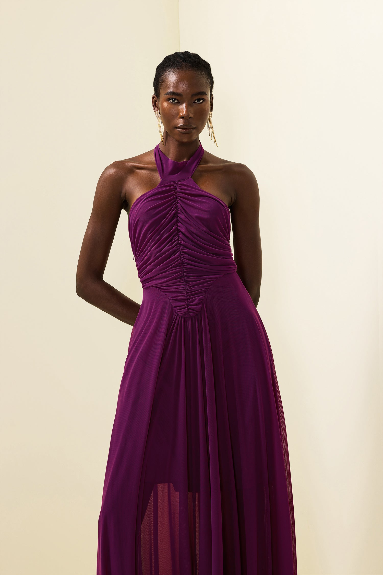 Solid Halter Neck Ruched Maxi Dress