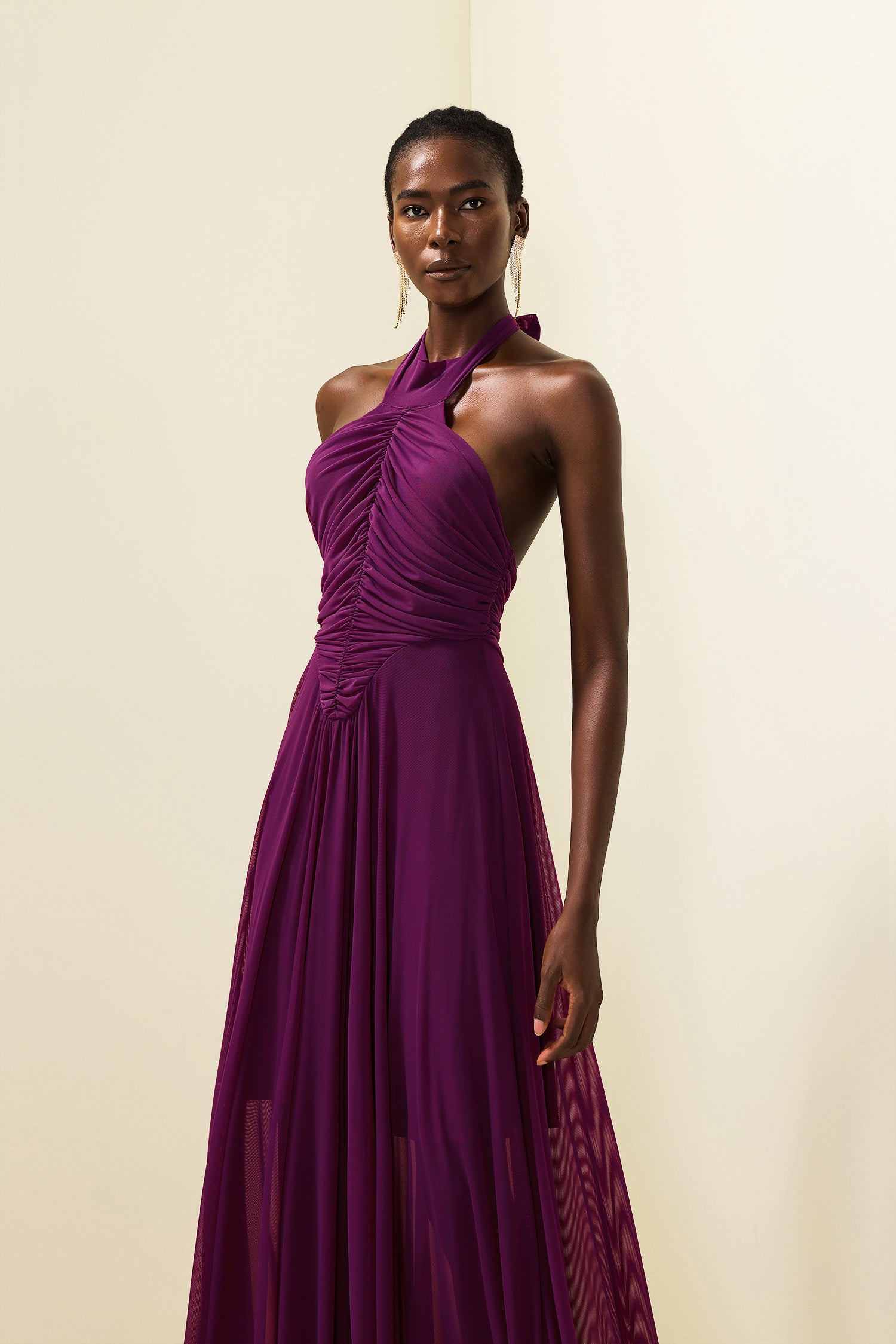 Solid Halter Neck Ruched Maxi Dress