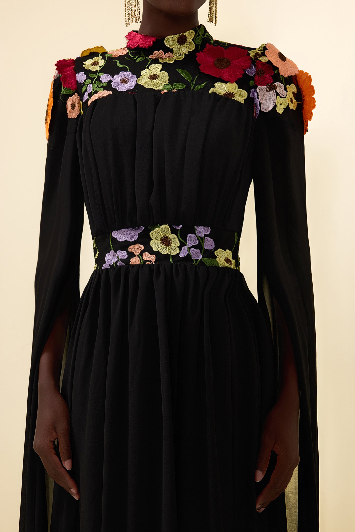 Embroidered Floral Cape Sleeve Maxi Dress