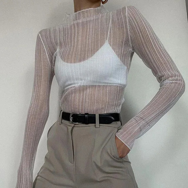 2024 Fall Elegant See Through Long Sleeve Mock Neck Women Tops Fashion Streetwear Sexy T-Shirts Tees Slim Clothes