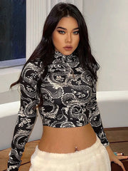 2024 Fashion Trend Women’s Stylish Dragon Printed Crop Tops Long Sleeve High Collar Slim T-shirt Skinny Tees for Spring Autumn