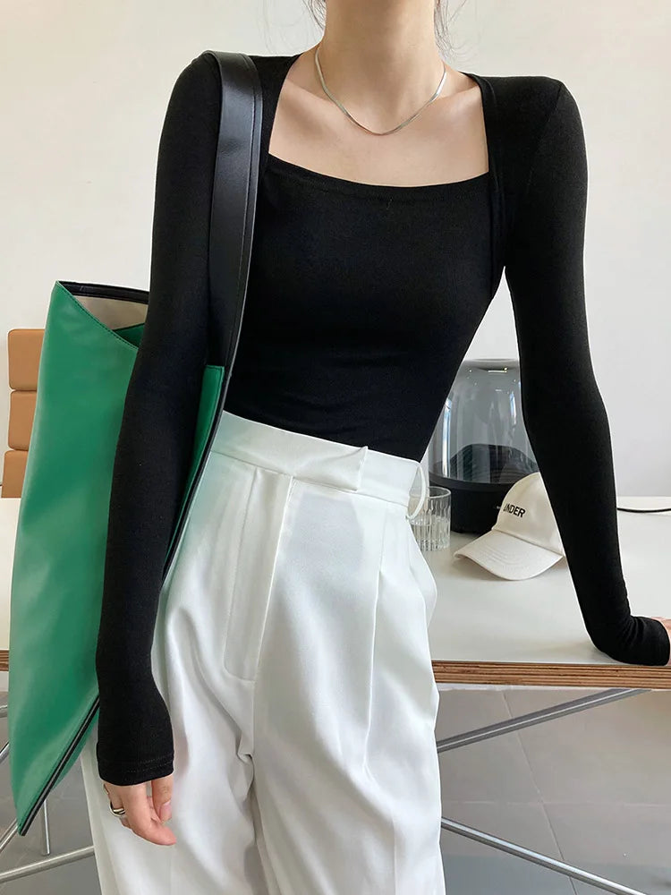 2024 French Gentle Long-Sleeved Square-Neck T-Shirt Women Slim Fake Two-Piece Top Autumn Solid Color Bottoming Shirt