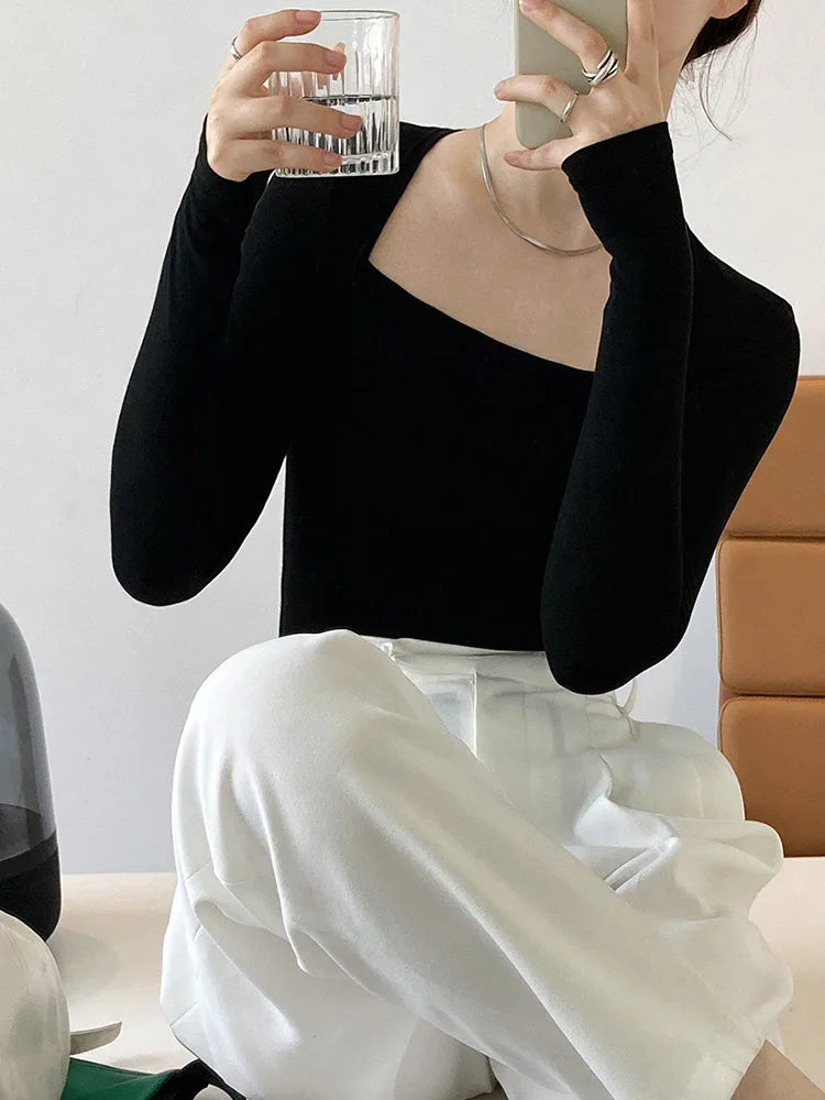 2024 French Gentle Long-Sleeved Square-Neck T-Shirt Women Slim Fake Two-Piece Top Autumn Solid Color Bottoming Shirt