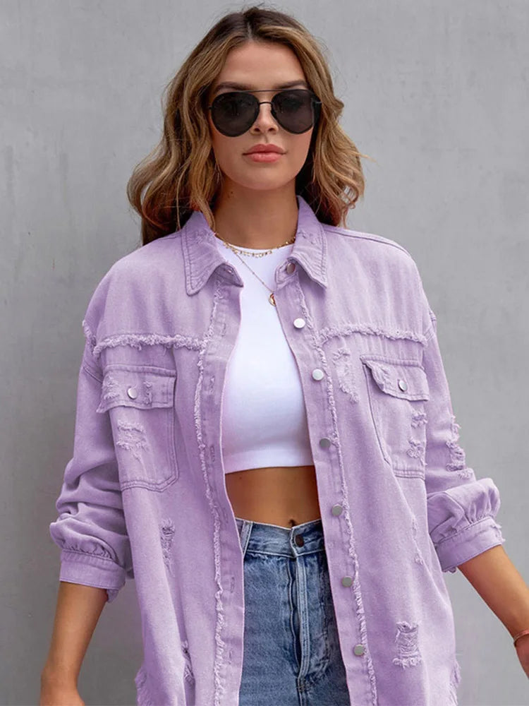 2024 Holes Raw-edges Denim Jacket Women Spring Autumn Shirt Style Jeancoat Casual Top Rose-Red Orange Purple Outerwear Lady Coat