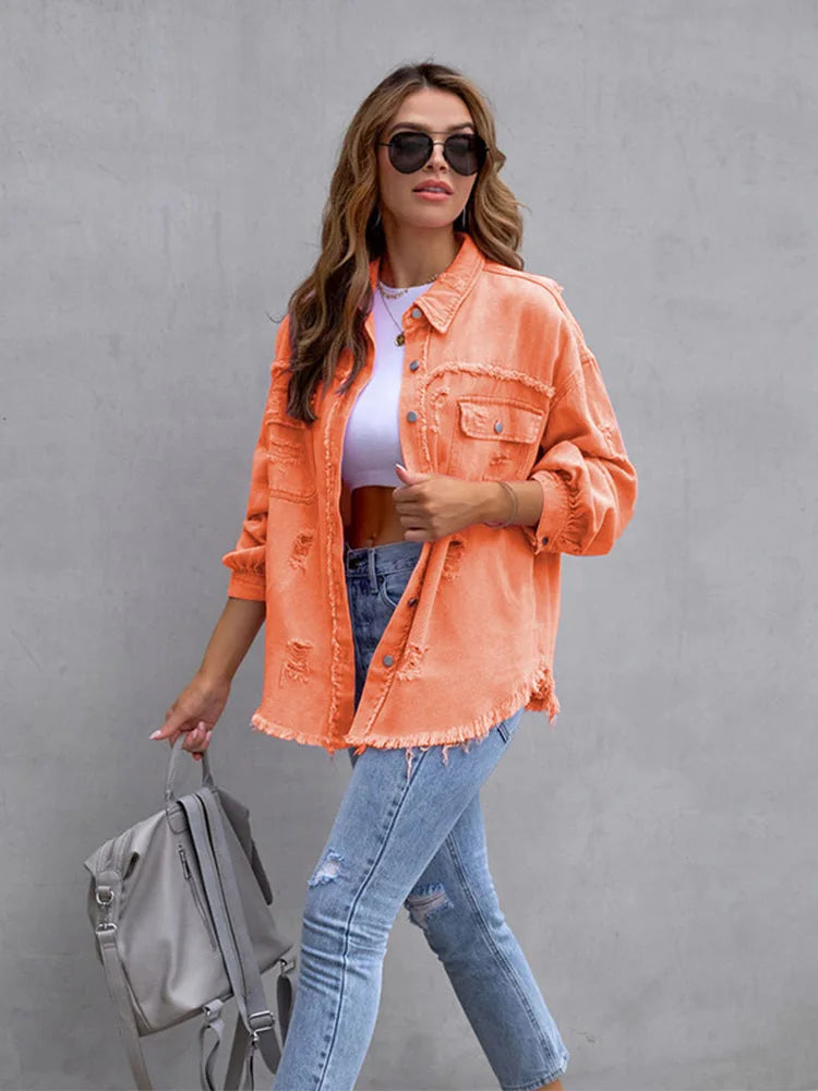 2024 Holes Raw-edges Denim Jacket Women Spring Autumn Shirt Style Jeancoat Casual Top Rose-Red Orange Purple Outerwear Lady Coat