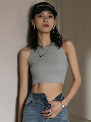 2024 Knitted Women’s Vest Halter Tanks White Crop Top Ribbed Female Sexy Short Casual Fitness Basic Off Shoulder Summer Clothing