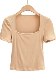 2024 New Arrival Summer Girls Thin Sexy Solid Slim Low-Cut Square Neck Short-Sleeved Top