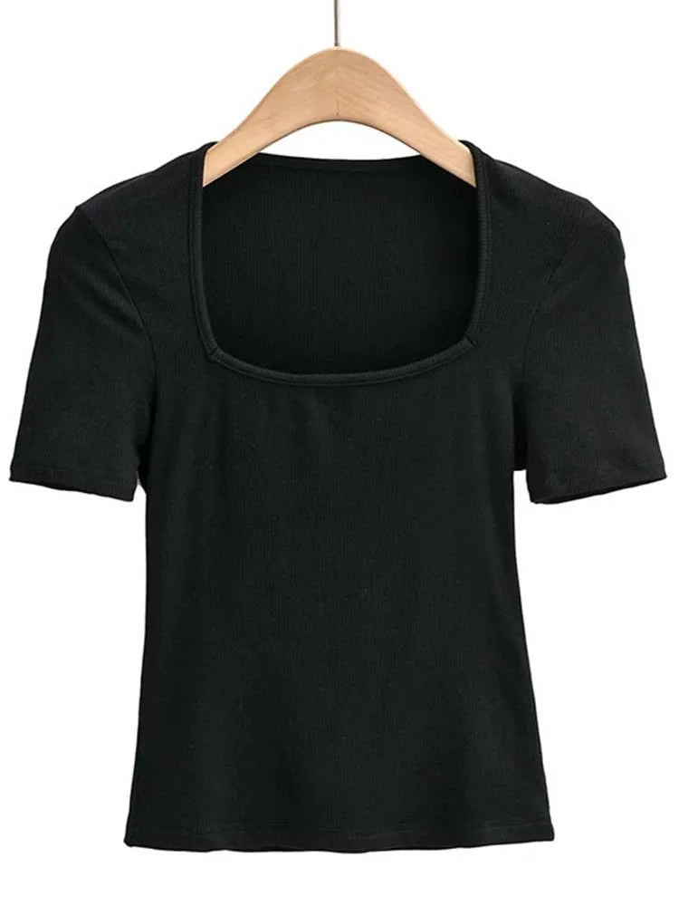 2024 New Arrival Summer Girls Thin Sexy Solid Slim Low-Cut Square Neck Short-Sleeved Top