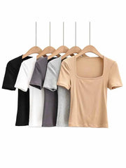 2024 New Arrival Summer Girls Thin Sexy Solid Slim Low-Cut Square Neck Short-Sleeved Top