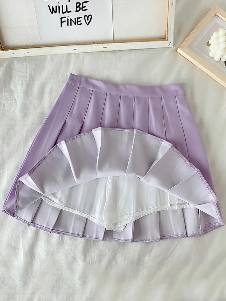 2024 New Black Skirt Female Summer High Waist gothic Anti-Glare A-Line Pleated Skirt Short Skirt Purple Ins Tide Ulzzang Skirt