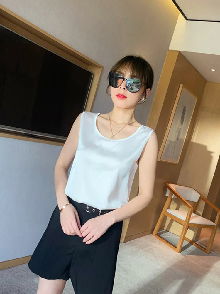 2024 New Fashion Silk Thin Short Sleeve Tees Slip Woman Summer Clothes Elegant Tops Solid Loose Casual