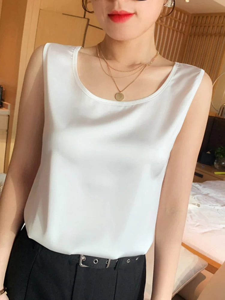 2024 New Fashion Silk Thin Short Sleeve Tees Slip Woman Summer Clothes Elegant Tops Solid Loose Casual