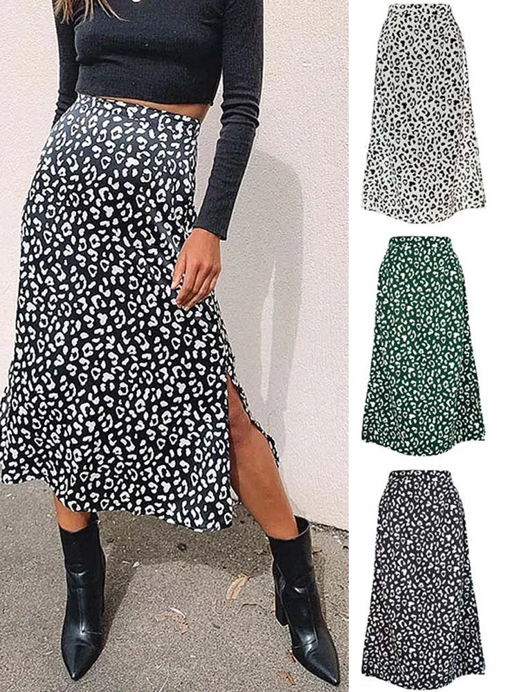 2024 New Sexy Leopard Print Chiffon Split Skirt Casual Fashion Long Skirts for Women Spring Summer Zip Elegant Female Skirt