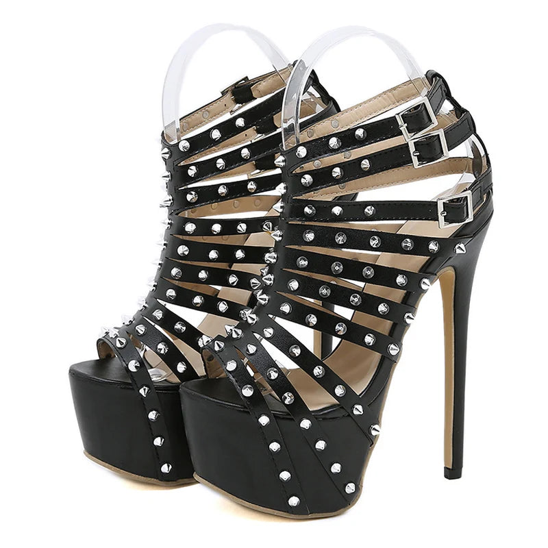 2024 Summer Platform High Heels Sandals Women Sexy Peep Toe Pumps Rivet Decoration Pole Dance Shoes