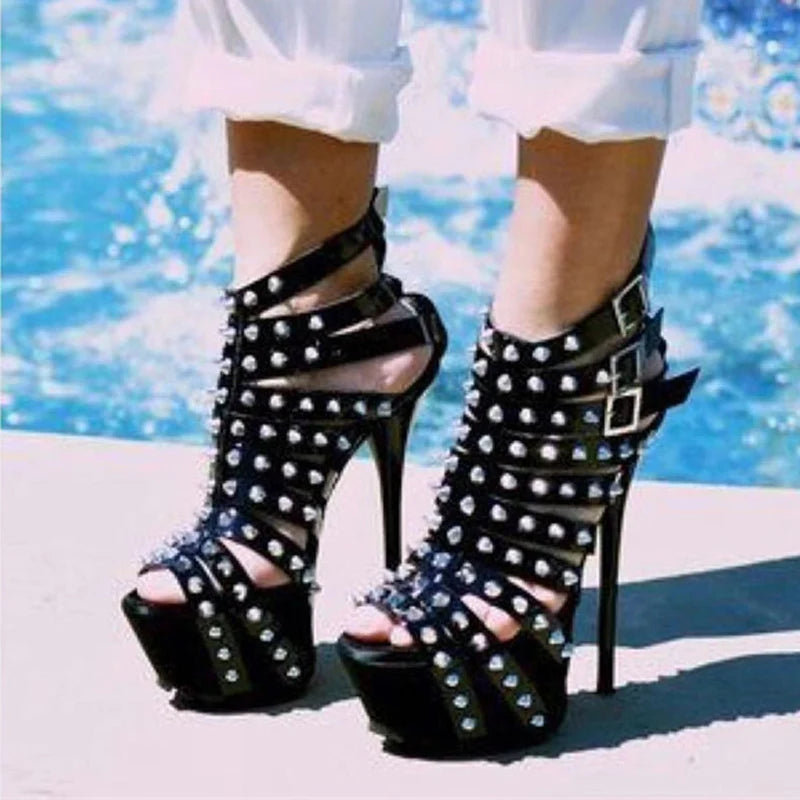 2024 Summer Platform High Heels Sandals Women Sexy Peep Toe Pumps Rivet Decoration Pole Dance Shoes