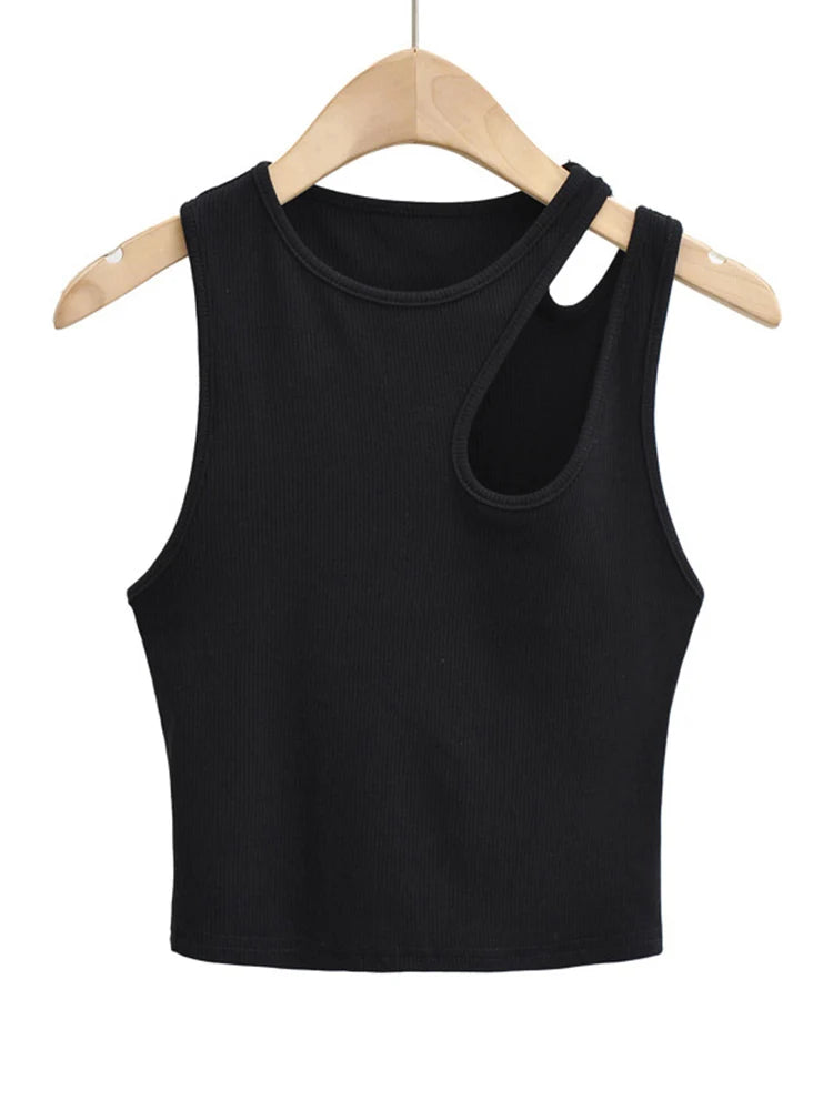 2024 New Women’s Tops Sexy Asymmetrical Sloping Shoulder Hollow Round Neck Vest