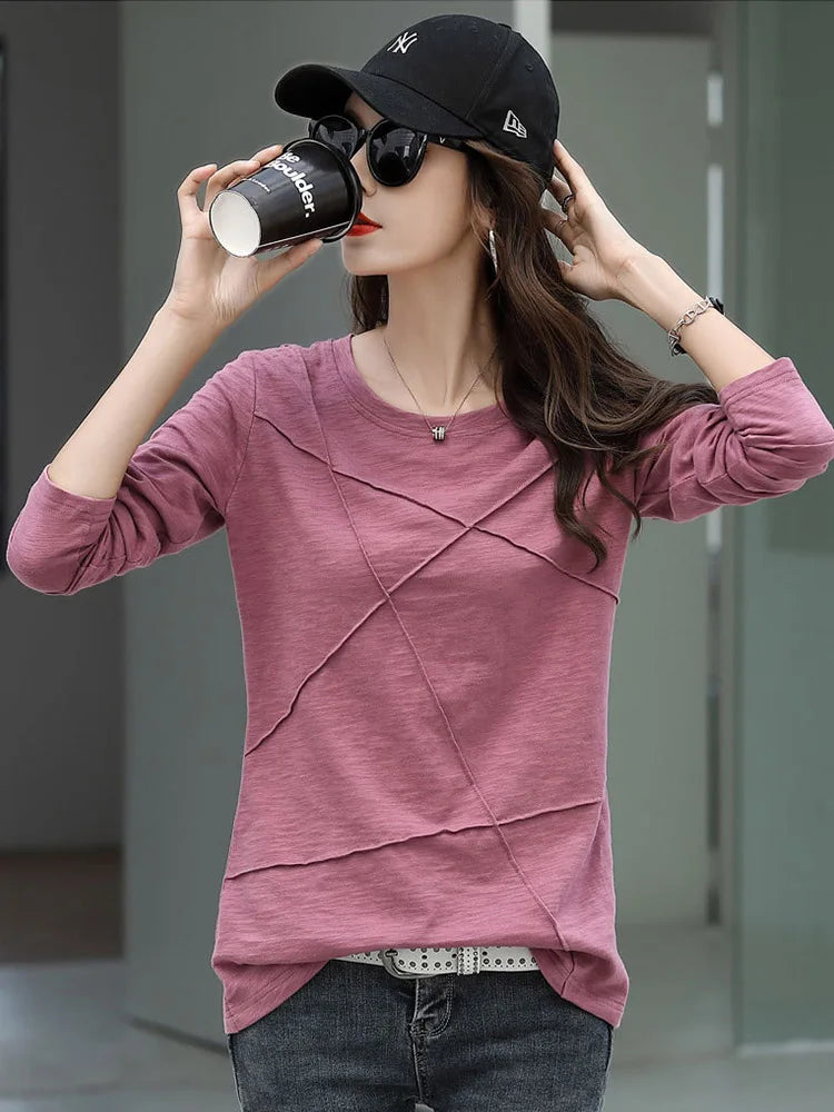 2024 Ribbed Sping Fashion Bamboo Cotton T-Shirt Autumn Women O-Neck Loose Simple Purple Tshirt Long Sleeve Ladies Green Cozy Top