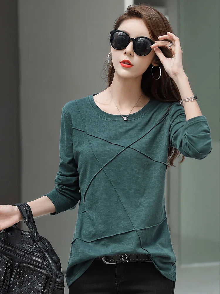 2024 Ribbed Sping Fashion Bamboo Cotton T-Shirt Autumn Women O-Neck Loose Simple Purple Tshirt Long Sleeve Ladies Green Cozy Top