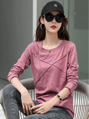 2024 Ribbed Sping Fashion Bamboo Cotton T-Shirt Autumn Women O-Neck Loose Simple Purple Tshirt Long Sleeve Ladies Green Cozy Top