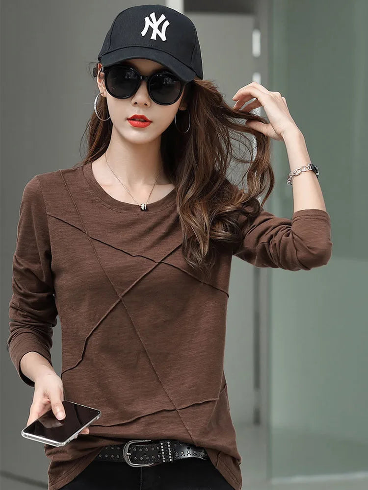 2024 Ribbed Sping Fashion Bamboo Cotton T-Shirt Autumn Women O-Neck Loose Simple Purple Tshirt Long Sleeve Ladies Green Cozy Top