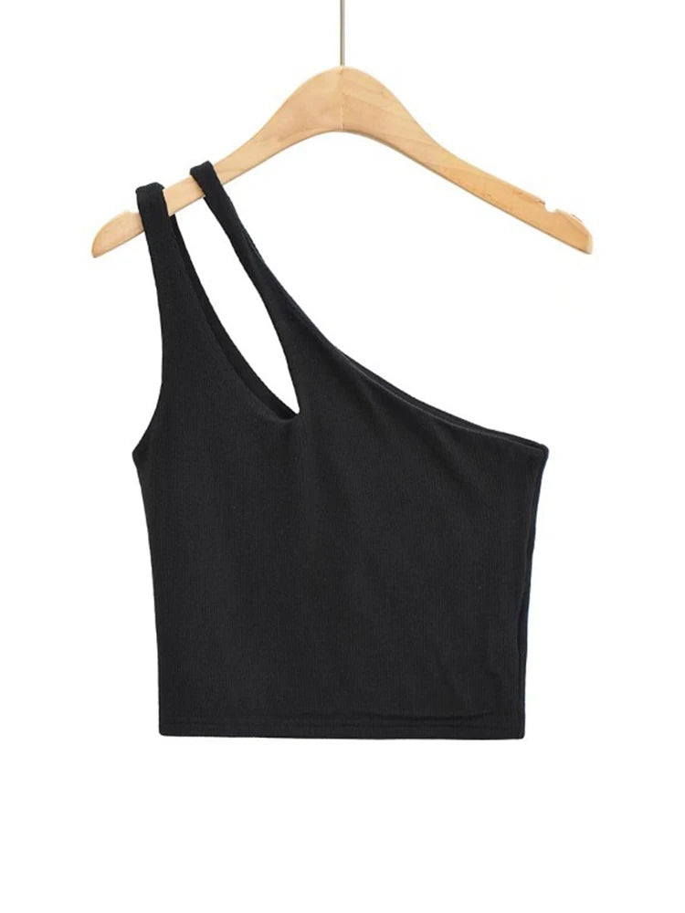 2024 Sexy Women’s Crop Top Solid Stretch Fit Knit Sleeveless One Shoulder Hollow Out Basic Backless Tank Top