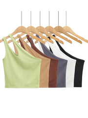 2024 Sexy Women’s Crop Top Solid Stretch Fit Knit Sleeveless One Shoulder Hollow Out Basic Backless Tank Top