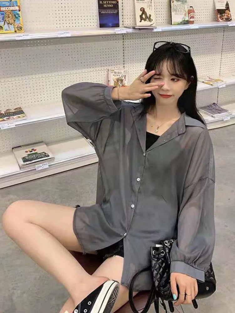 2024 Shirt for Women Blouse Long Sleeve Female Chiffon Loose Tops Summer Cardigan Thin Sexy Solid Color Casual Shirts