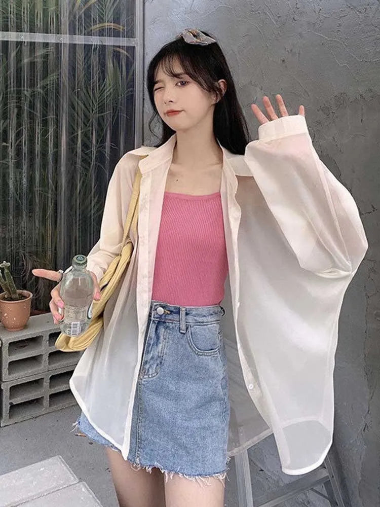 2024 Shirt for Women Blouse Long Sleeve Female Chiffon Loose Tops Summer Cardigan Thin Sexy Solid Color Casual Shirts