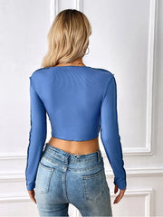 2024 Slim Fit Short Open Umbilical Car Seam Exposed Long Sleeve T-shirt Cropped Slim Blue Sexy Tops Shirt