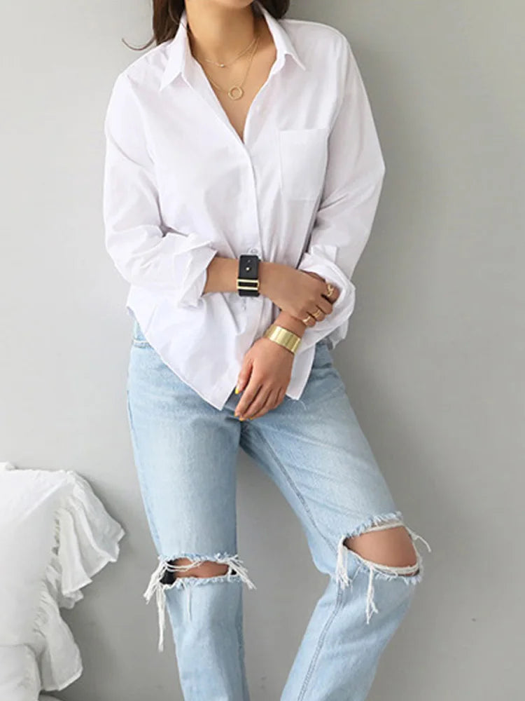 2024 Spring One Pocket Women White Shirt Feminine Blouse Top Long Sleeve Casual Turn-down Collar OL Style Women Loose Blouses