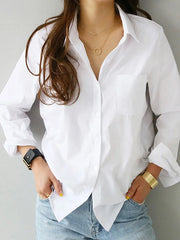 2024 Spring One Pocket Women White Shirt Feminine Blouse Top Long Sleeve Casual Turn-down Collar OL Style Women Loose Blouses