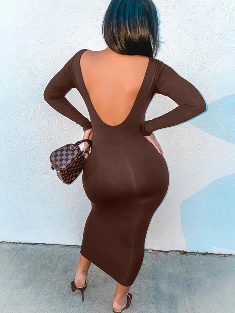 2024 Spring Sexy Backless Midi Dresses Bodycon Elegant Evening Club Party Birthday Brown Long Sleeve Dress Women