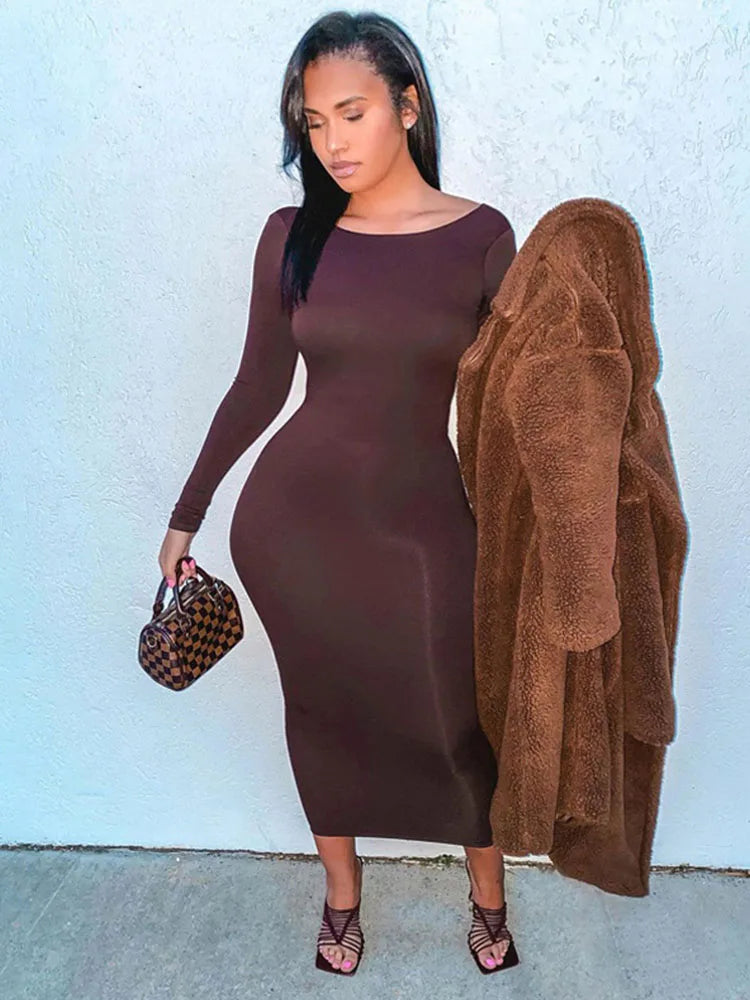 2024 Spring Sexy Backless Midi Dresses Bodycon Elegant Evening Club Party Birthday Brown Long Sleeve Dress Women