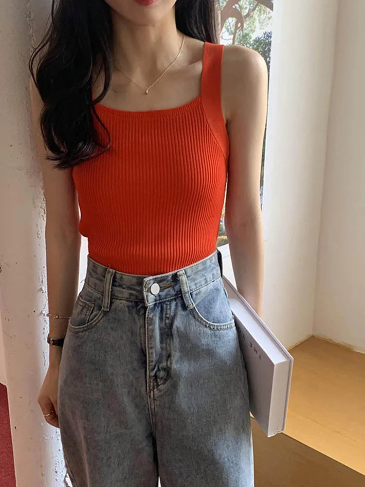 2024 Spring Women Crop Tops Strapy Casual Camis Sleeveless Tank Tops Cute Casual Tops Plain Camis Square Tops For Women Korean