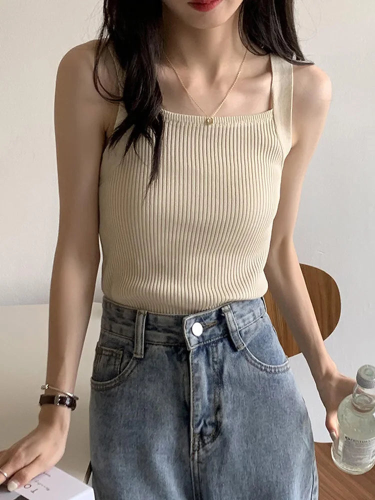 2024 Spring Women Crop Tops Strapy Casual Camis Sleeveless Tank Tops Cute Casual Tops Plain Camis Square Tops For Women Korean