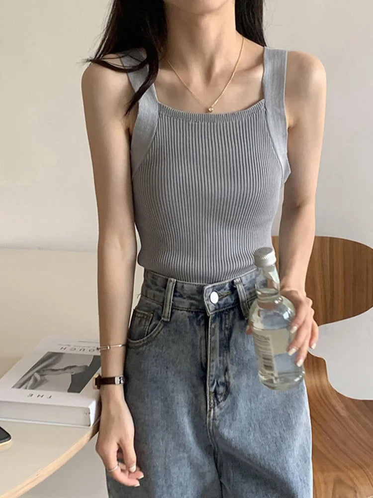 2024 Spring Women Crop Tops Strapy Casual Camis Sleeveless Tank Tops Cute Casual Tops Plain Camis Square Tops For Women Korean