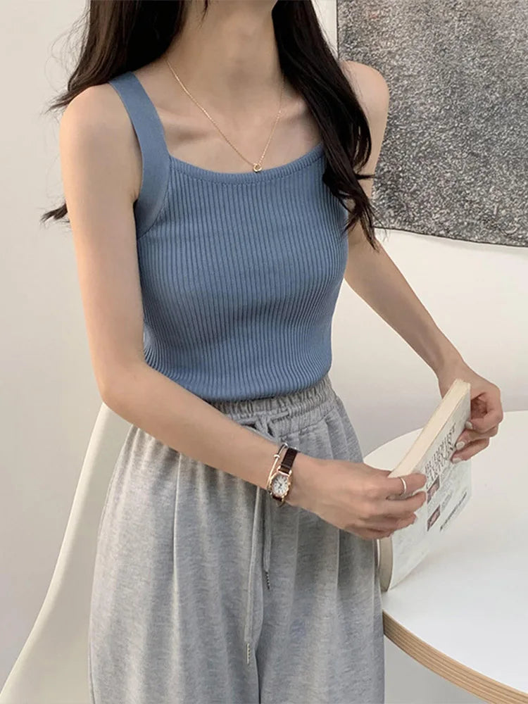 2024 Spring Women Crop Tops Strapy Casual Camis Sleeveless Tank Tops Cute Casual Tops Plain Camis Square Tops For Women Korean