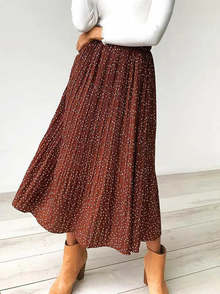 2024 Summer Autumn Casual Chiffon Print Pockets High Waist Pleated Maxi Skirt Womens Long Skirts For Women