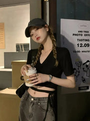 2024 Summer Casual Tee Tops Women T shirts Solid V-neck Sexy Cropped Cross Tie-Up Harajuku Basic Korean Street T-shirts mujer