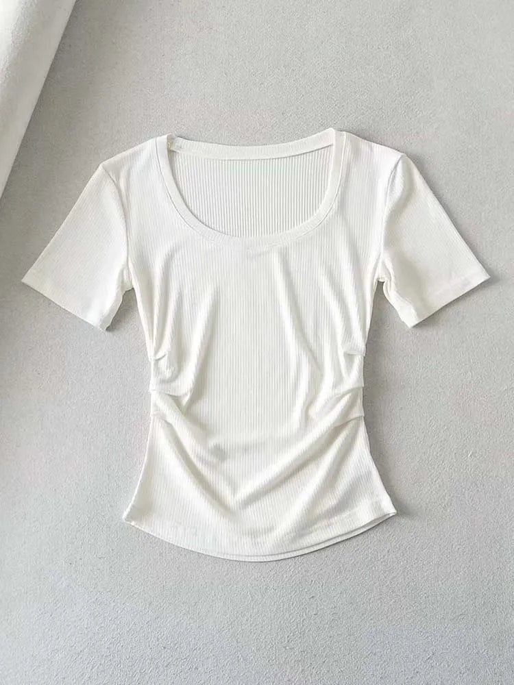 2024 Summer Casual Women’s Sexy Side Gathered Short Sleeve T-Shirt Solid Knit Crop Tops