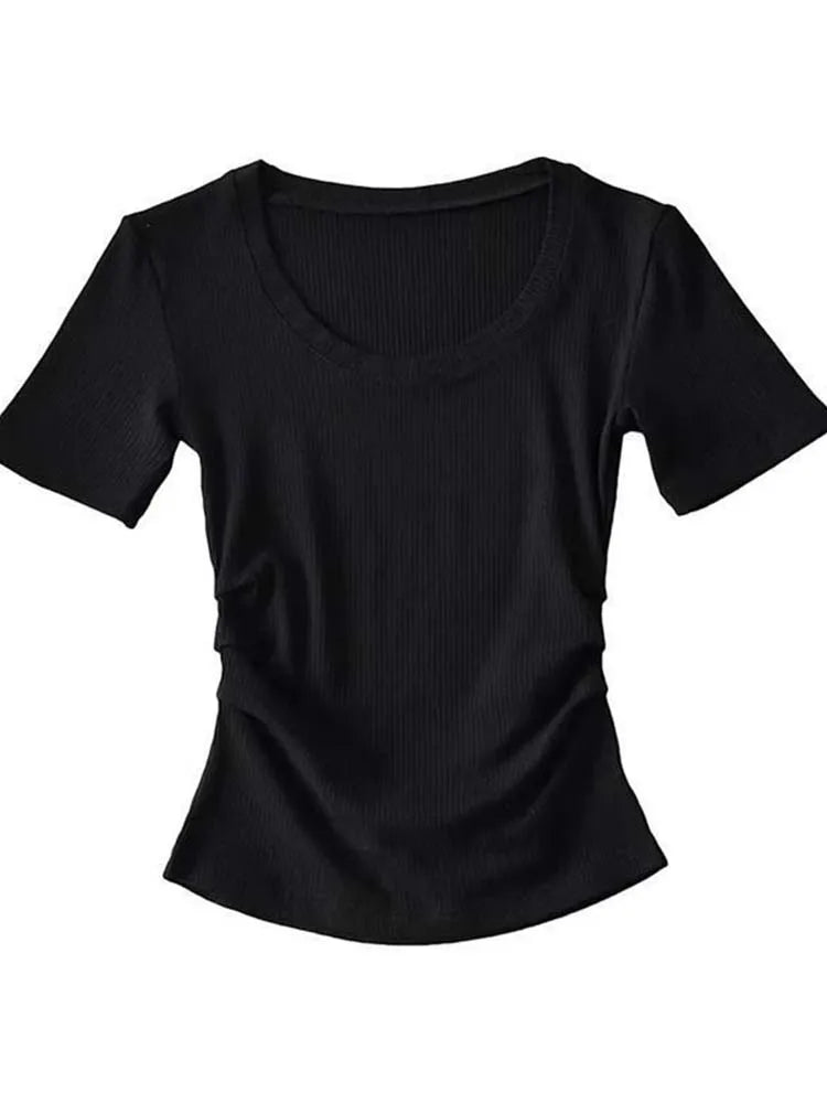 2024 Summer Casual Women’s Sexy Side Gathered Short Sleeve T-Shirt Solid Knit Crop Tops