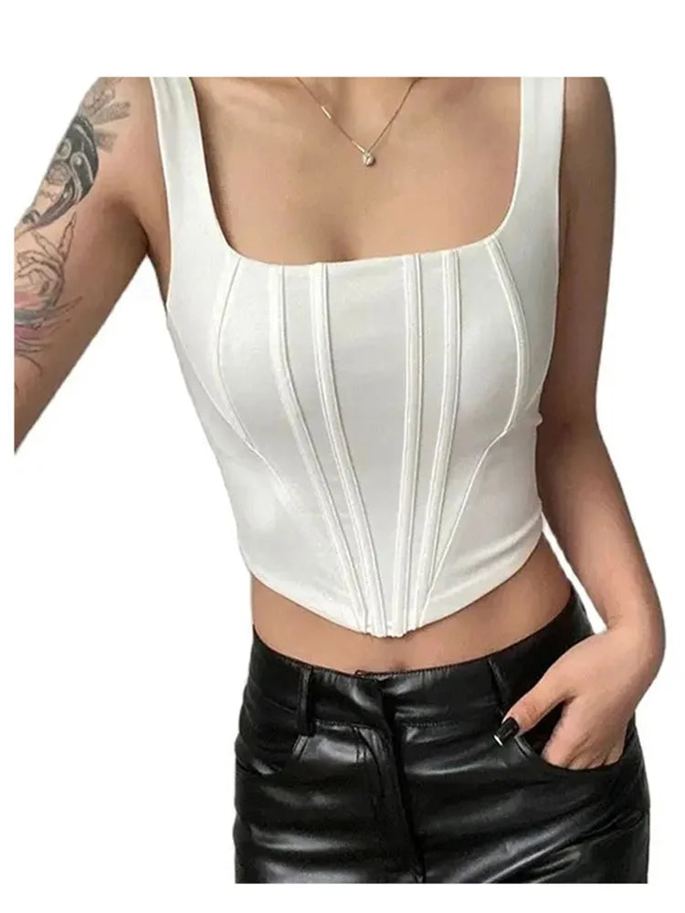 2024 Summer Crop Tops Sexy Square Neck Tight Backless Short Top Sleeveless Tank Tops Women Casual Solid Color Basic Camisole