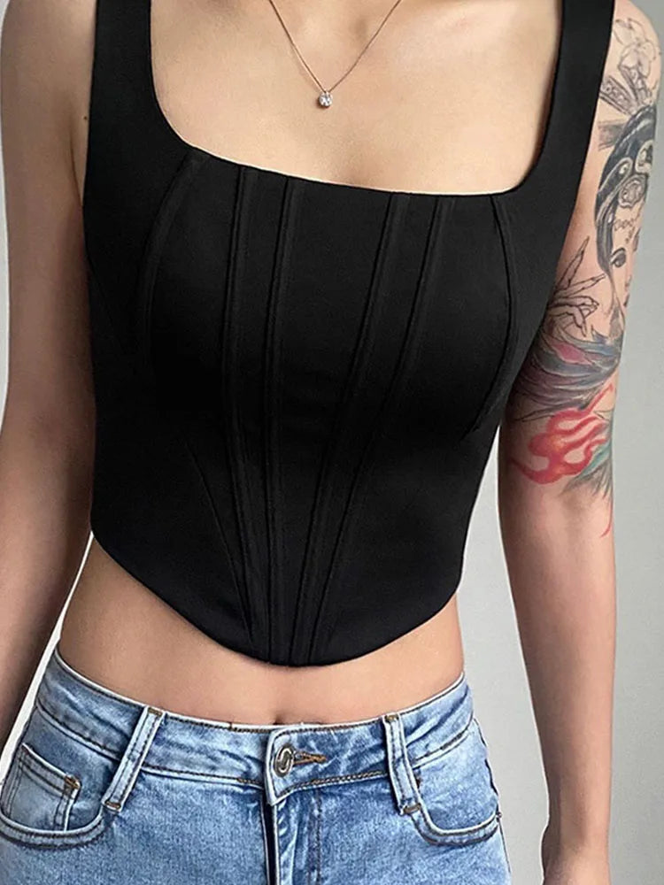 2024 Summer Crop Tops Sexy Square Neck Tight Backless Short Top Sleeveless Tank Tops Women Casual Solid Color Basic Camisole