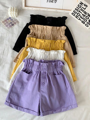 2024 Summer Elegant High Waist Shorts Women Casual Solid Wide Leg Loose Cotton Short Pants With Belt Korean Sweet Girls