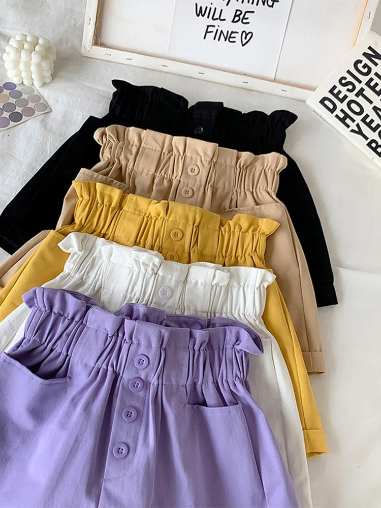 2024 Summer Elegant High Waist Shorts Women Casual Solid Wide Leg Loose Cotton Short Pants With Belt Korean Sweet Girls