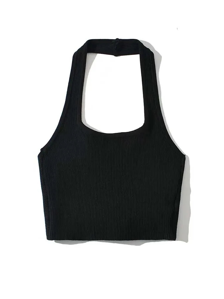 2024 Summer Fashion Sexy Women’s Crop Tube Tops Halter Neck Sleeveless Solid Back Kink Knitted Vest